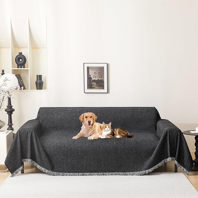 MEETSKY Sectional Couch Covers for Sofa, Black Couch Cover for 2 Cushion Couch Sofa, Chenille Pet Sofa Slipcover for L Shaped Couch Love Seat Pets Protector Furniture, 71" x 118"
