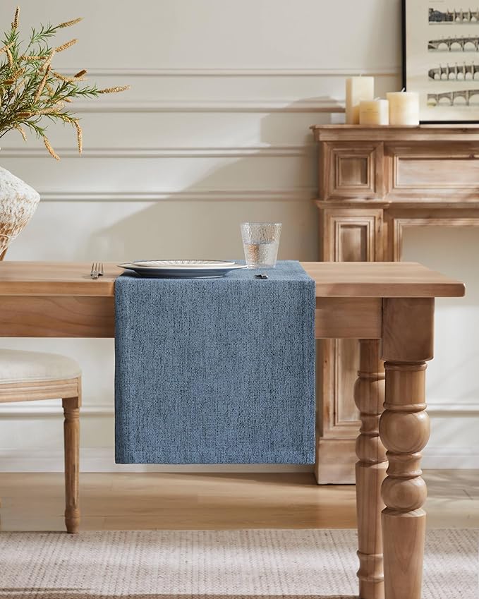 ZeeMart Burlap Style Farmhouse Table Runners 36 Inches Long, Blue Rustic Woven Dining Table Runner for Everyday Use, 14x36 Inches, Blue