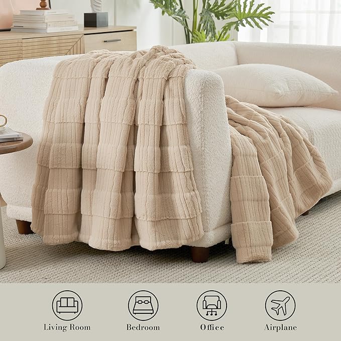 Amélie Home Luxury Striped Faux Fur Throw Blanket for Couch, Soft Cozy Fuzzy Fluffy Soft Plush Blankets Sofa Chair Gift Blankets for Women, 55"x70", Beige