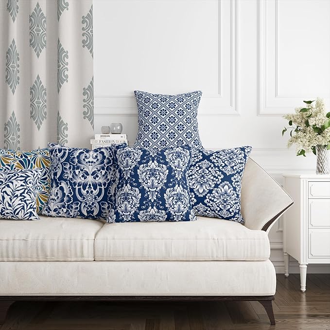 LOVOUS Navy Blue and White Damask Throw Pillow Covers 18x18 Inch Set of 2, Vintage Linen Decorative Pillow Covers for Bed Couch Sofa Bedroom Living Room Home Decor, B14