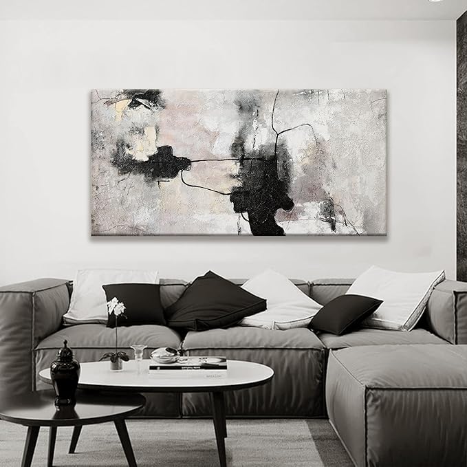 QSQ Black And Off-White Abstract Wall Art For Living Room Decor Artwork Canvas Art Wall Decor Modern Canvas Prints Pictures Abstract Wall Decor For Home Hotel Decoration 24 x 48 Inch