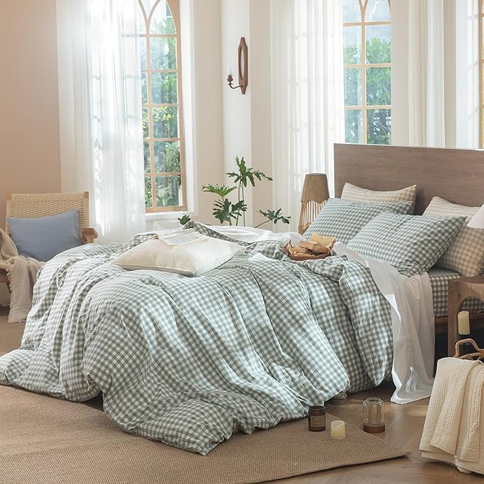 MooMee Gingham Duvet Cover Set 100% Washed Cotton Linen Like Textured Breathable Durable Soft Comfy Modern Checkered Design (Sage Green Gingham, Oversized Queen 98"x98")