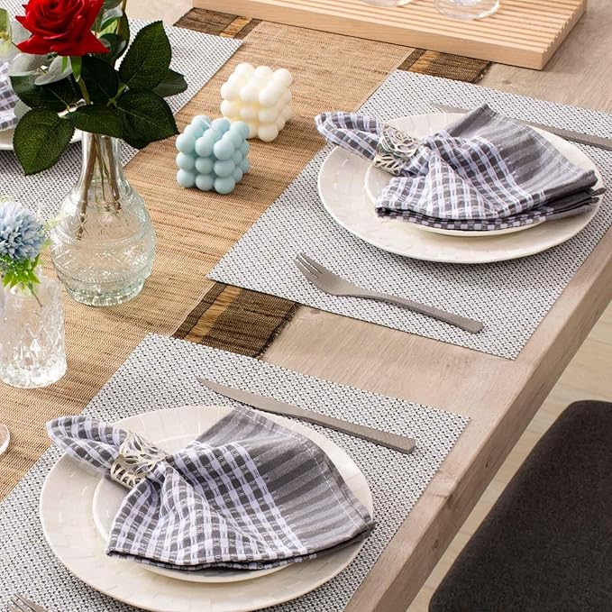AHHFSMEI Placemats for Dining Table Set of 8 Woven Vinyl Plastic Place Mats Non-Slip Heat Insulation Stain Resistant Table Mats Washable Easy Clean Placemats (White Grey Silver 8)