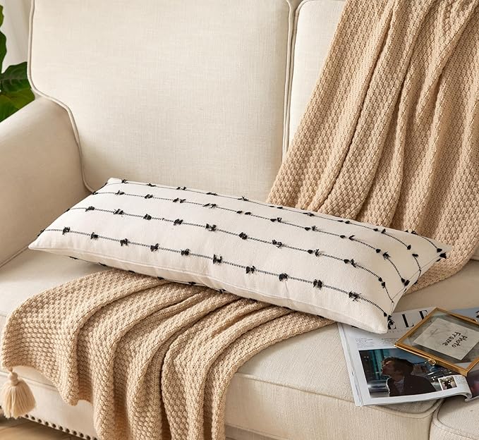 Caflife Boho Lumbar Throw Pillow Covers 14x36 inches Long, Farmhouse Decorative Body Pillow for Bed and Sofa, Living Room Home Decor Couch Black Lumbar Pillowcase, Pack of 1