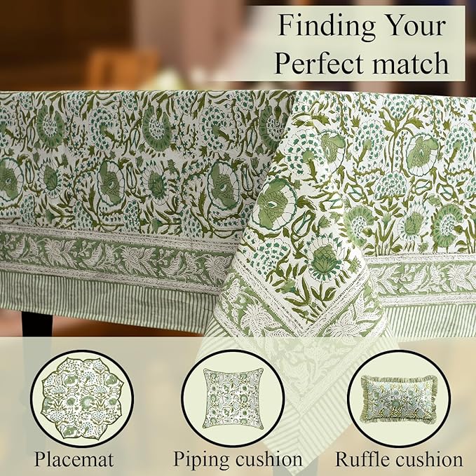 CPC Tablecloth 100% Cotton 60x60 Inch Indian Block Print Square Table Cover, Table Cloth for Weddings, Spring/Summer, Barbeque - Agate Green