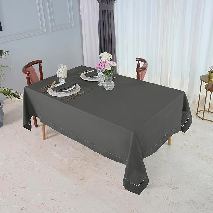 D'Moksha Homes Charcoal Grey Linen Tablecloth 60 x 120 Inch - 100% Pure Linen Hemstitch Tablecloth for Rectangle Tables - Classic Hemstitch, Machine Washable Table Cloth for Thanksgiving