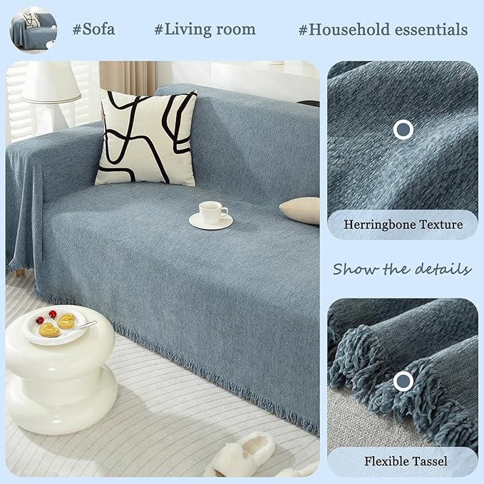 DREAMINGO Modern Minimalism Couch Cover for 3 Cushion Couch Sofa Greyish Blue 3 Seat Sectional Sofa Covers L Shape Couch Cover for Dogs Boho Herringbone Sofa Slipcover, 71"x134"