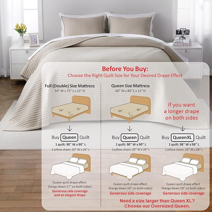 Queen Quilt Set – 90"x90" Soft Washed 3-Layer Lightweight Bedspread with Multi-Lock Quilting, Minimalist Nordic Bedding, All-Season Quilt Set for Spring & Summer (1 Quilt + 2 Pillow Shams), Oatmeal
