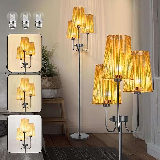 Rattan Floor Lamp for Living Room,3-Light Farmhouse Standing Lamp with Rattan Shades, 65" Tall Rustic Tall Lamps for Bedroom,Office,3 x E26 LED Bulb Included