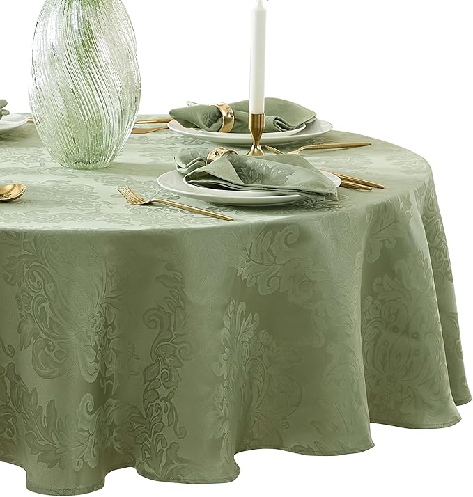 Newbridge Barcelona Damask Fabric Tablecloth, 70 Inch Round, Sage Green – No Iron, Soil Resistant Table Cover for Dining, Parties and Holidays