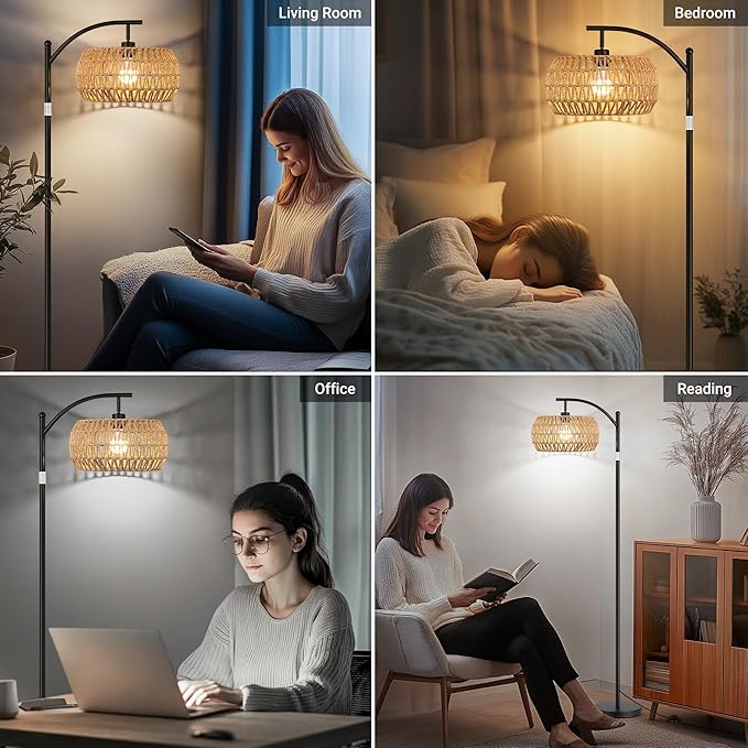 ROTTOGOON Rattan Floor Lamps for Living Room, Boho Standing Lamps with Rattan Shades, Arc Lamps Floor Standing with 9W Bulb, Foot Switch, Bohemian Floor Lamps for Bedroom, Office- Black