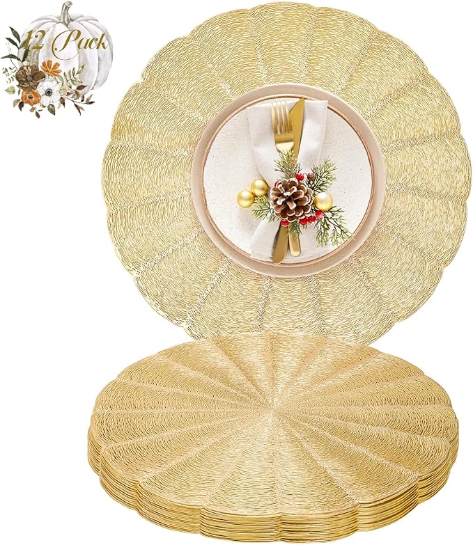 ZOOFOX 12 Pack Round Pressed Vinyl Placemats, 15 Inch Hollow Out Vinyl Dining Table Mats, Non-Slip Heat Resistant Metallic Platemats for Christmas Dinner Holiday Party Wedding Centerpiece Decor