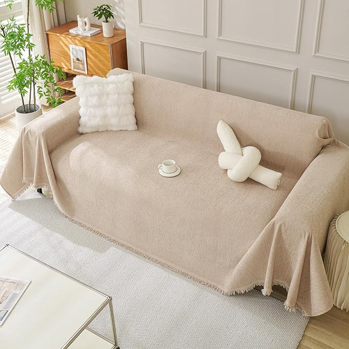 DREAMINGO Sofa Covers Washable Thick Chenille Couch Cover for 2 Cushion Couch Sofa Multi-Use Couch Cover Blanket Modern Pet Furniture Protector Sectional Couch Slipcover 91"x118", Khaki