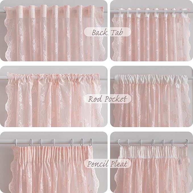 MEETSKY Pink Lace Sheer Curtains 84 Inches Long 2 Panels Set for Girls Room Bedroom Vintage Victorian French Elegant Window Voile Back Tab Rod Pocket Light Filtering Drapes, 50" Wide Each Panel