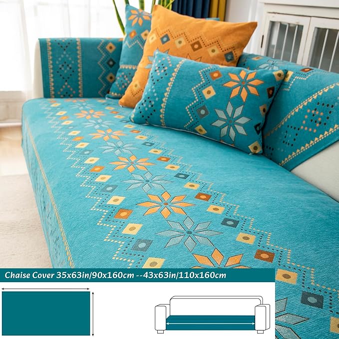 Boho Chenille Couch Covers,Geometric Couch Covers for Sofa,Chenille Couch Cover Non Slip,Sectional l Shaped Sofa Furniture Protector Cover for Home Decor,Lake Blue_Chaise 35x63in/90x160cm