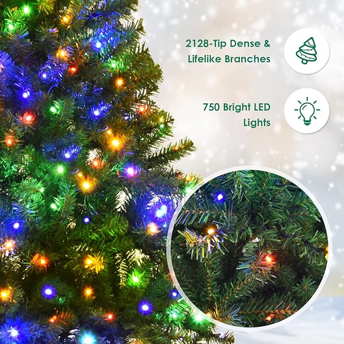COSTWAY 8 FT Pre-lit Christmas Tree, Artificial Xmas Tree with 750 Warm White & Multicolored Lights, 11 Modes, 2128 Branch Tips, Metal Support, Holiday Decoration Fake Tree for Home, Office, Party