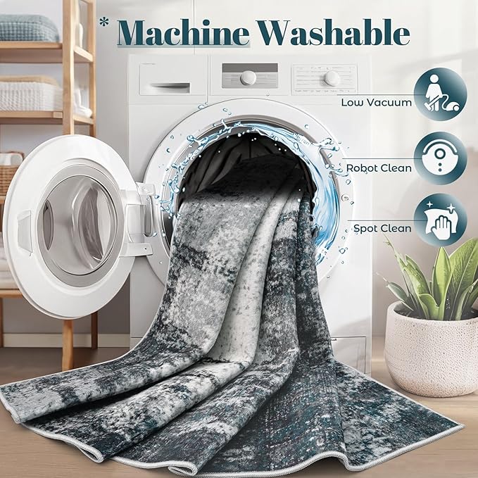 9x12 Area Rugs Washable Rug, Soft Modern Abstract Rugs for Living Room Large Low Pile Thin Rug Non Slip Indoor Neutral Carpet for Bedroom Dining Room Farmhouse Office Kids Playroom Black Grey Blue