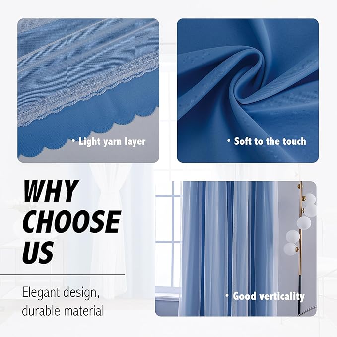 Anytime Home Curtains Blackout and Sheer Layered Solid Window Curtain Panel Pair with Grommet Top, 52Wx84L, Blue