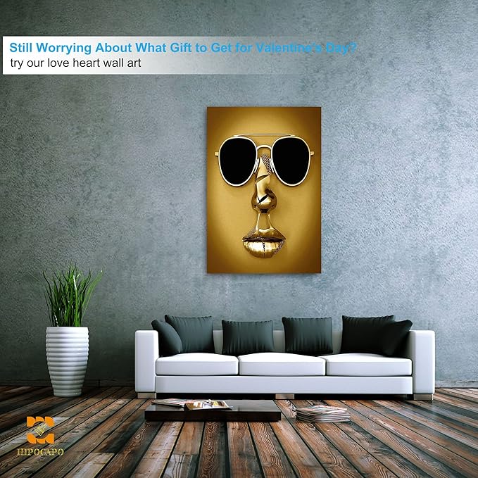 3D Metal Effect Wall Art - 3D Wall Art Decor Artwork Wear Sunglasses Golden Figure Statue Modern Art Canvas Painting, Large Wall Art for Bedroom Dercorations Framed 32”x48”x1Pcs