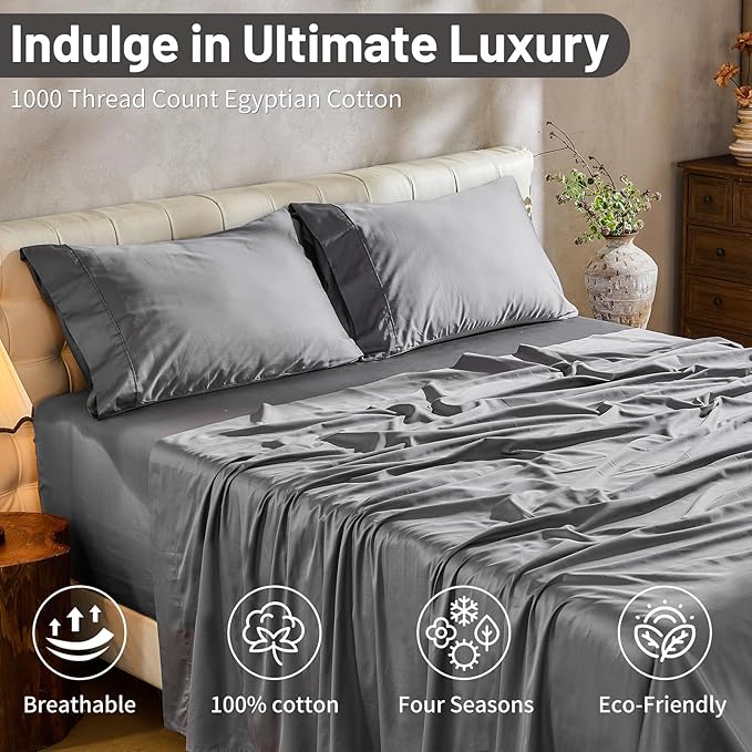 MEISHANG 1000 Thread Count Cotton Sheets Queen Size - 100% Egyptian Cotton, Sateen Weave, Soft & Breathable, Oeko-Tex Certified, 16" Deep Pockets - 4 Piece (Queen, Silver Grey)