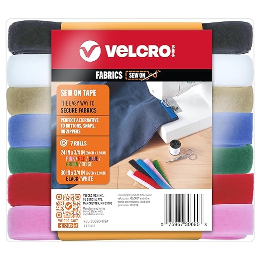 Velcro Brand Sew on Tape 15ft x 3/4 in Variety Pack 7 Colors for Fabrics Clothing and Crafts, Substitute for Snaps and Buttons, Cut Strips to Length