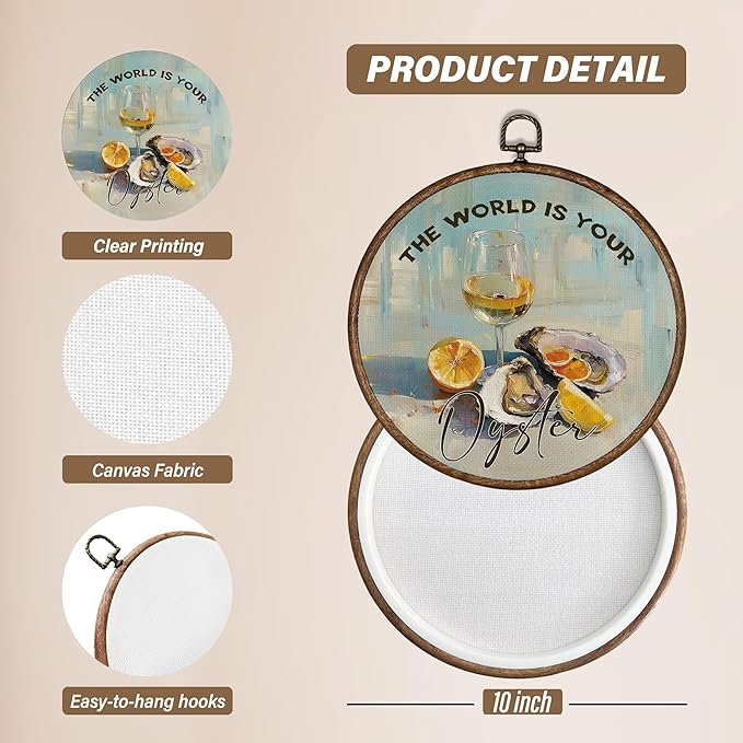XBBMGG Coastal Oyster Lemon Wall Art Decor, Vintage Seashell Champagne Round Wall Hanging Decor, Nautical The World is Your Oyster Framed Canvas Prints for Kitchen Dining Room Decorations, 10x10inch