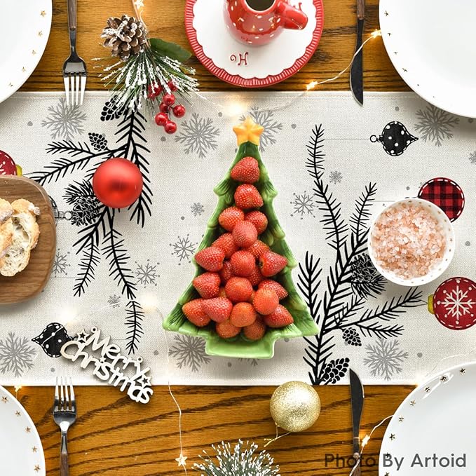 Artoid Mode Red Deer Snowflakes 210 GSM Merry Christmas Table Runner, Seasonal Winter Kitchen Dining Table Decoration for Home Party Decor 13x72 Inch