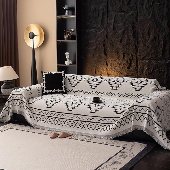 VClife Chenille Couch Cover Slipcover, Sectional Couch Cover for 3 Cushion Couch Sofa Pet Sofa Protector, Anti Slip White Tribal Pattern Couch Covers Furniture Protector wit Tassel, White, 71"X134"