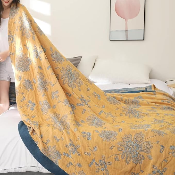 Boho Throw Blanket for Bed 100% Cotton Ultra Soft Rustic Quilt Fall Blanket Floral Printed Farmhouse Decor Bed Blankets,60"×80" All Season Rustic Throw for Sofa Couch Chair