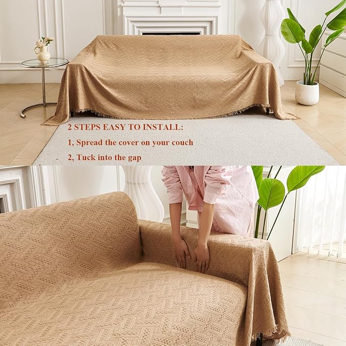 AIVIA Loveseat Cover Sheet Blanket, Woven Reversible Anti Slip Cushion Covers for 2 Seater Couches with Armrest, Love-Seat Furniture Decor Slipcovers Protector for Dogs Cats Pets (Khaki, 71” x 102”)