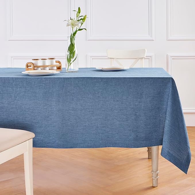 Solino Home Linen Tablecloth 60 x 144 Inch - 100% Pure Linen Blue Denim Table Cloth for Rectangle Tables - Athena, Machine Washable Tablecloth for Christmas