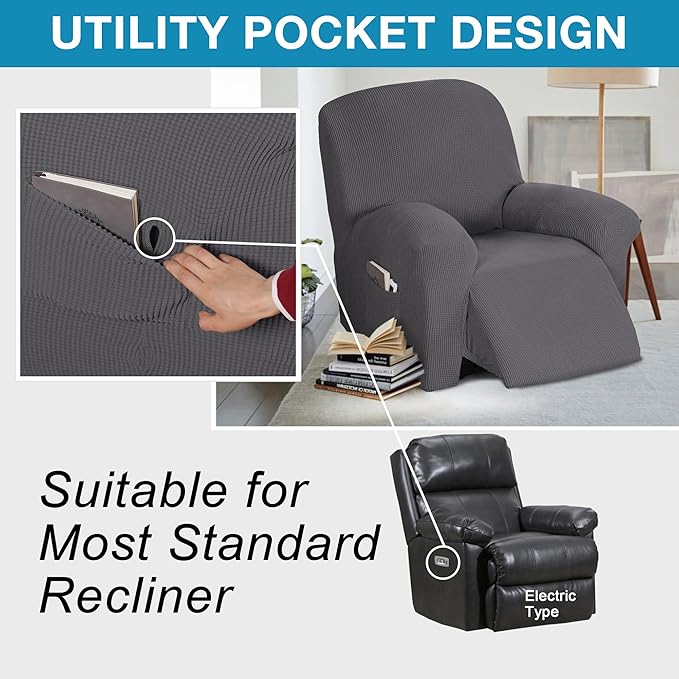 Flamingo P Stretch Recliner Chair Cover Recliner Cover for Electric/Manual Style | Furniture Cover for Reclining with Side Pocket, Soft Checked Jacquard Fabric Form Fitted Standard/Oversized - Grey