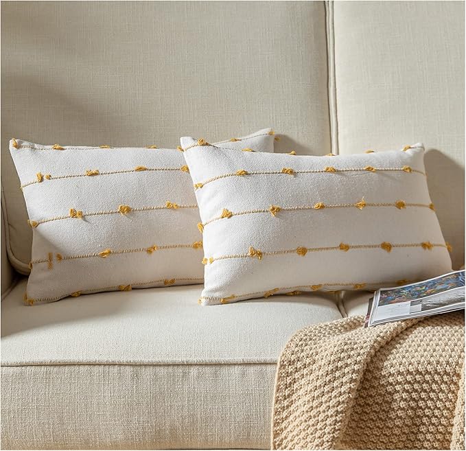 Caflife Boho Throw Pillow Covers 12x20 inches Beige and Yellow, Set of 2 Modern Farmhouse Decorative Pillow Covers for Couch Bed, Living Room
