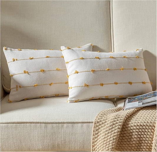 Caflife Boho Throw Pillow Covers 12x20 inches Beige and Yellow, Set of 2 Modern Farmhouse Decorative Pillow Covers for Couch Bed, Living Room