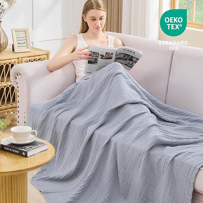 EMME Cotton Muslin Queen Blanket Bed Layering Breathable Gauze Blanket Soft Lightweight Blankets Adults (Dusty Blue, 90"x90")