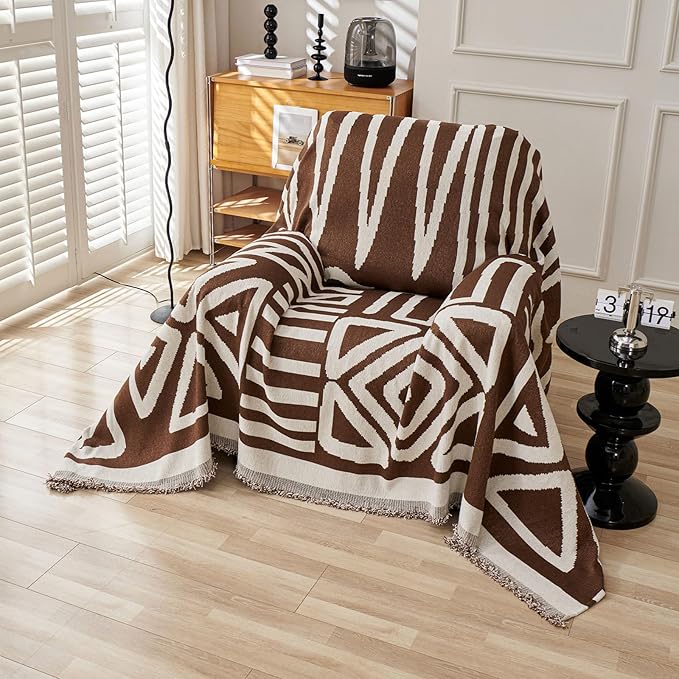 VClife Armchair Couch Cover Sofa Cover for 1 Cushion Couch Sofa, Non Slip Chair Couch Covers for Dog - Boho Armchair Sofa Cover Soft 1 Seat Sofa Furniture Protector with Tassel, Chocolate, 71"x71"