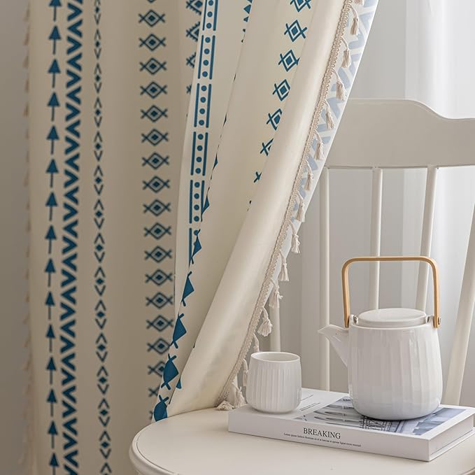Boho Curtains Geometric Light Filtering Semi-Blackout Window Curtains 54 Inches Long Rod Pocket Drapes for Living Room 2 Panels-Blue Totem