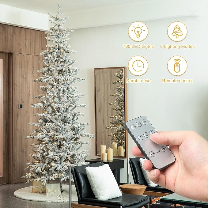 Glitzhome 10ft Prelit Christmas Tree, Artificial Flocked Christmas Tree with 2335 PE&PVC Branch Tips, Deluxe Majestic Frostfall Fir Holiday Tree w/700 Warm White Lights, Three Function, Easy Assembly