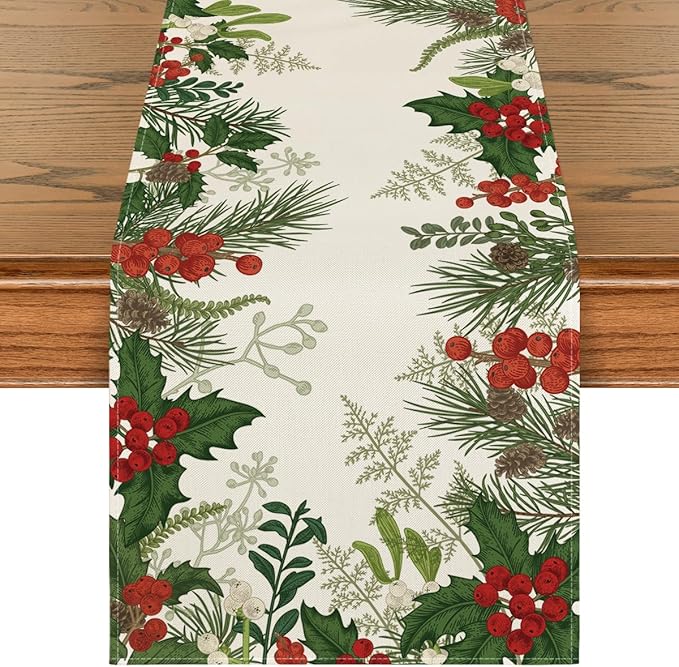 Artoid Mode Holly Pine Cone Christmas Table Runner, Seasonal Winter Kitchen Dining Table Decoration for Home Party Decor 13x108 Inch