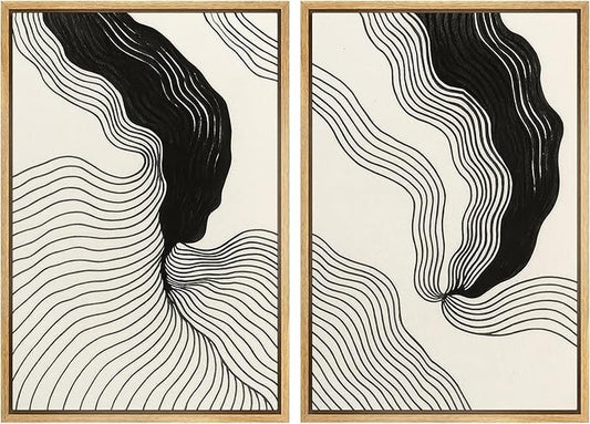 SIGNWIN Framed Canvas Print Wall Art Set Abstract Black Line Flow Minimalist Modern Art Minimal Boho Relax/Calm for Living Room, Bedroom, Office - 16"x24"x2 Natural