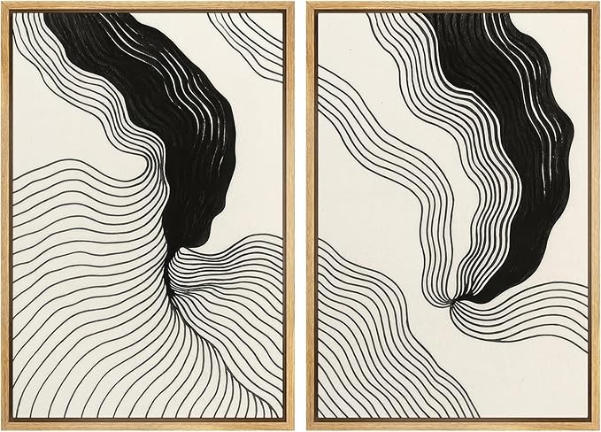 SIGNWIN Framed Canvas Print Wall Art Set Abstract Black Line Flow Minimalist Modern Art Minimal Boho Relax/Calm for Living Room, Bedroom, Office - 24"x36"x2 Natural