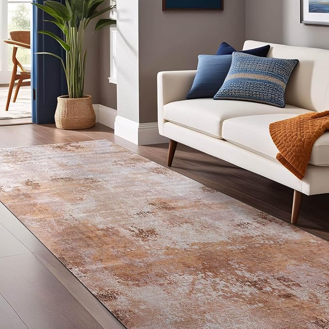 Non Slip Rugs 2x7 Modern Abstract Easy Silk Rubber Backing Soft Runner Rug for Hallways Easy to Clean Non Shedding Kitchen for Laundry Room Indoor Area Carpet (Beige - Brown, 2x7)