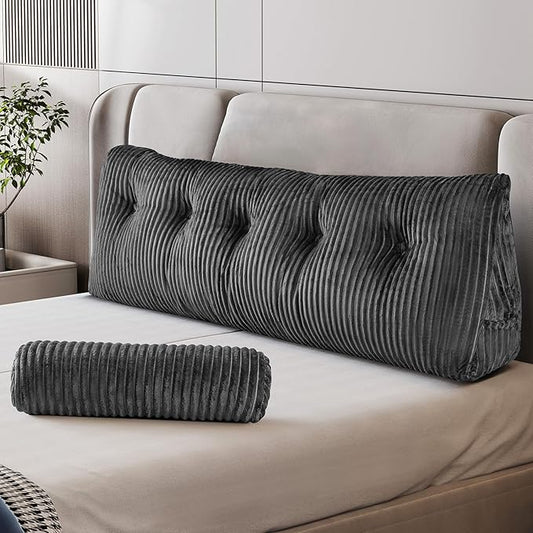 Z-hom Queen Size Wedge Headboard Pillow with 2 Roll Cushions, Large Reading Pillow for Bed Sitting Up, Triangular Backrest Cushion for Headboard, Supportive Pillow for Back Pain Relief, Grey