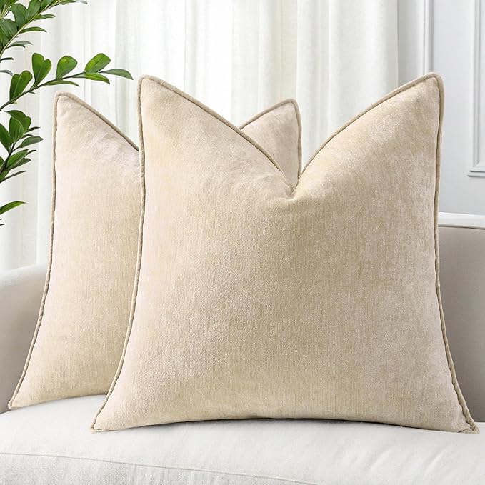 decorUhome Christmas Couch Throw Pillow Covers 24x24 Set of 2, Decorative Soft Euro Velvet Neutral Chenille Pillow Covers with Elegant Design for Sofa Bed Living Room Home Decor, Beige