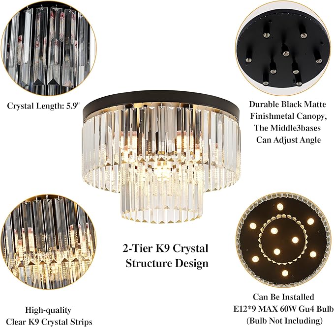 17" Black Crystal Ceiling Light 9-Light Modern Crystal Light Fixture 2-Tier Luxury K9 Crystal Ceiling Light,for Dining Room Kitchen Island Living Room Bedroom
