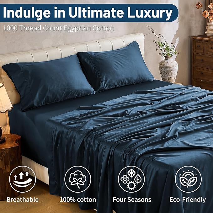MEISHANG 1000 Thread Count Cotton Sheets King Size - 100% Egyptian Cotton, Sateen Weave, Soft & Breathable, Oeko-Tex Certified, 16" Deep Pockets - 4 Piece (King, Navy)