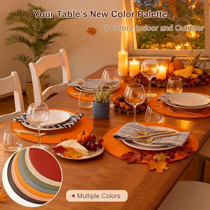 Round Vinyl Orange Placemats Set of 6, Faux Leather Waterproof Wipeable Heat Resistant Place Mats, Washable Table Mats for Halloween, Thanksgiving & Christmas Dinner(Orange)