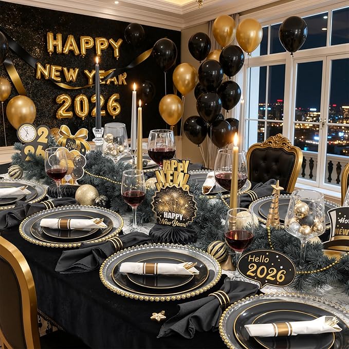 KIRE 350 PCS Plastic Dinnerware Set for 50 Guests - Black and Gold Plates 50 for Dinner 50 for Dessert & 50 Pre Rolled Napkins with Disposable Silverware 50 Cups for New Year/Banquet/Wedding