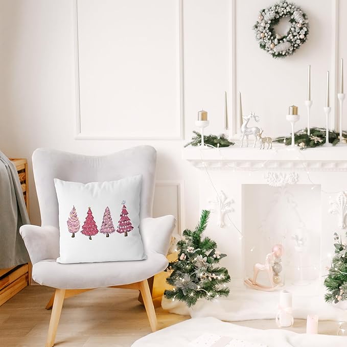 KEUSPI Pink Christmas Tree Pillow Covers - 18x18, Xmas Decor, Tree & Pillow Cases