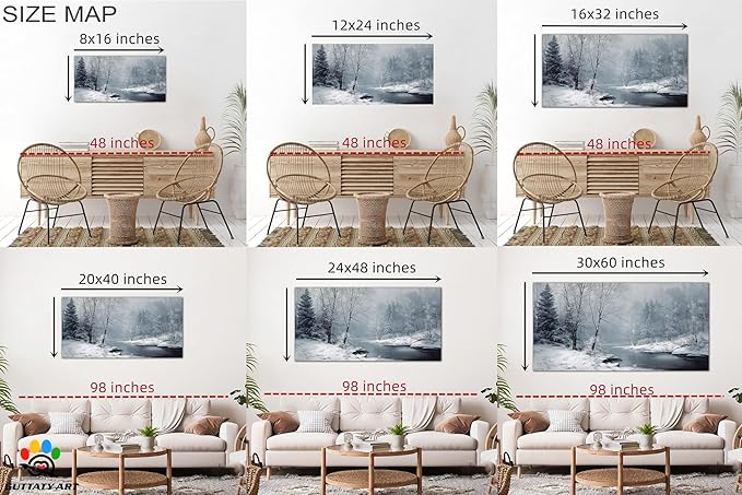 GUTTATY Christmas Winter Scene Canvas Wall Art, Snowy River Landscape Canvas Prints, Frosted Forest Picture Wall Decor Artwork for Living Room, Bedroom, Holiday Season Decoration, 32x16 Inch